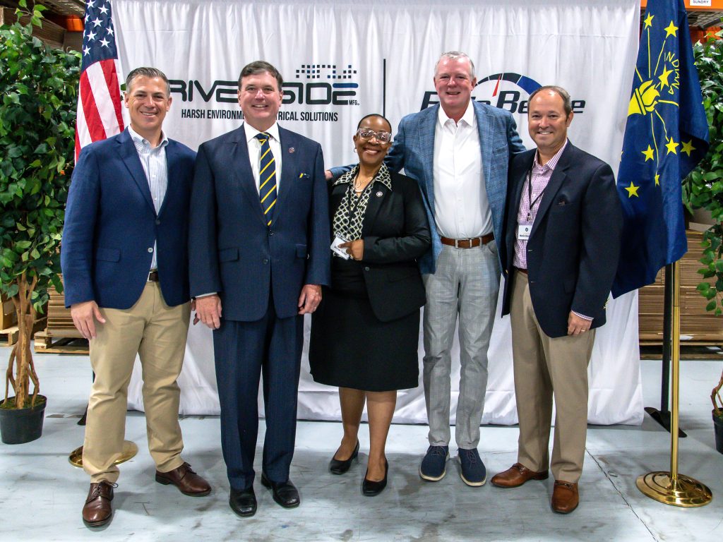 Pictured left to right: U.S. Sen. Jim Banks; Indiana Attorney General Todd Rokita; Fort Wayne Mayor Sharon Tucker; Fred Merritt, CEO of Riverside Mfg., LLC; and U.S. Rep. Marlin Stutzman participate in the ribbon-cutting ceremony celebrating the opening of Riverside Mfg., LLC's new Fort Wayne headquarters on July 8, 2026.
